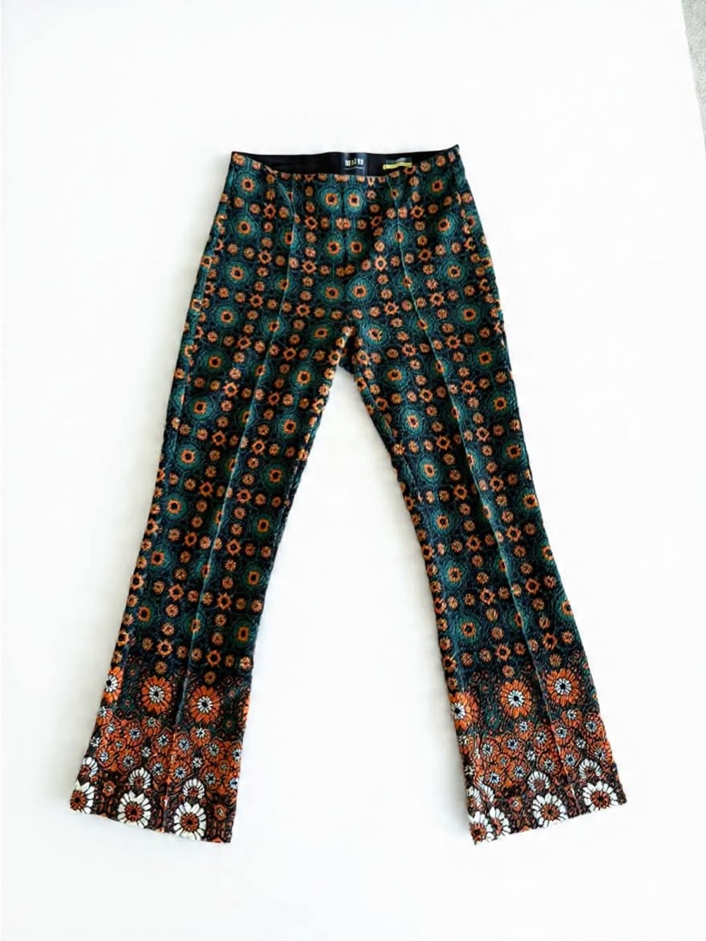 Maeve Green Floral Boot Cut Pants with Brown & White Accents